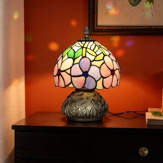 HOMCOM Tiffany Style Table Lamp With Dragonfly Base Stained Glass Pink For Living Room And Bedroom E27 Socket