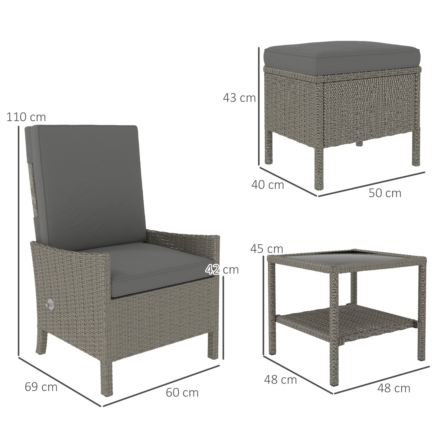 Outsunny 5 Piece Rattan Garden Furniture Set With 2 Armchairs 2 Footstools And Glass Top Coffee Table In Dark Grey