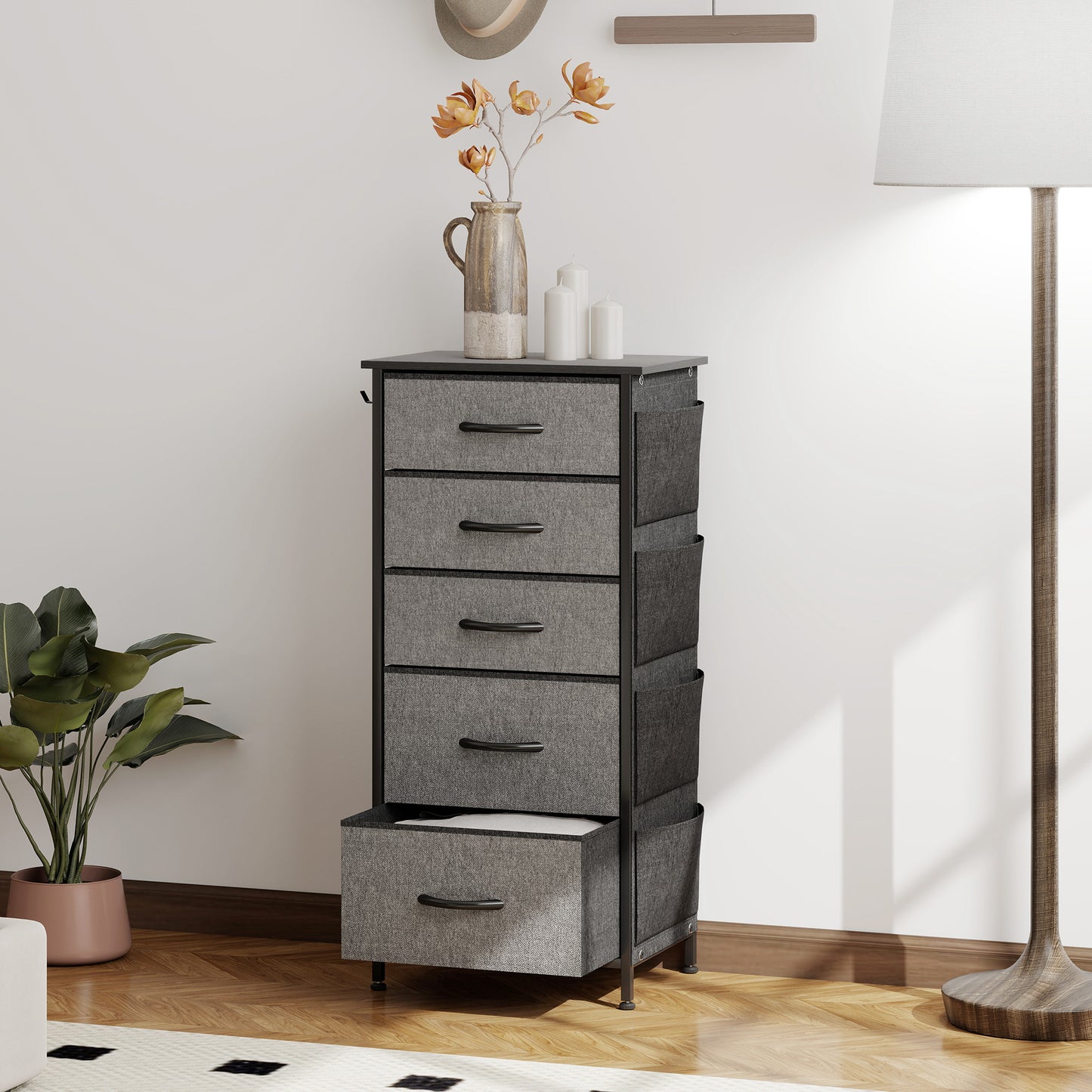 HOMCOM Five Drawer Fabric Chest In Charcoal Grey With Steel Frame And Side Pockets