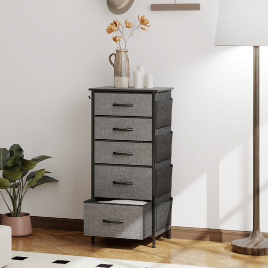 HOMCOM Five Drawer Fabric Chest In Charcoal Grey With Steel Frame And Side Pockets