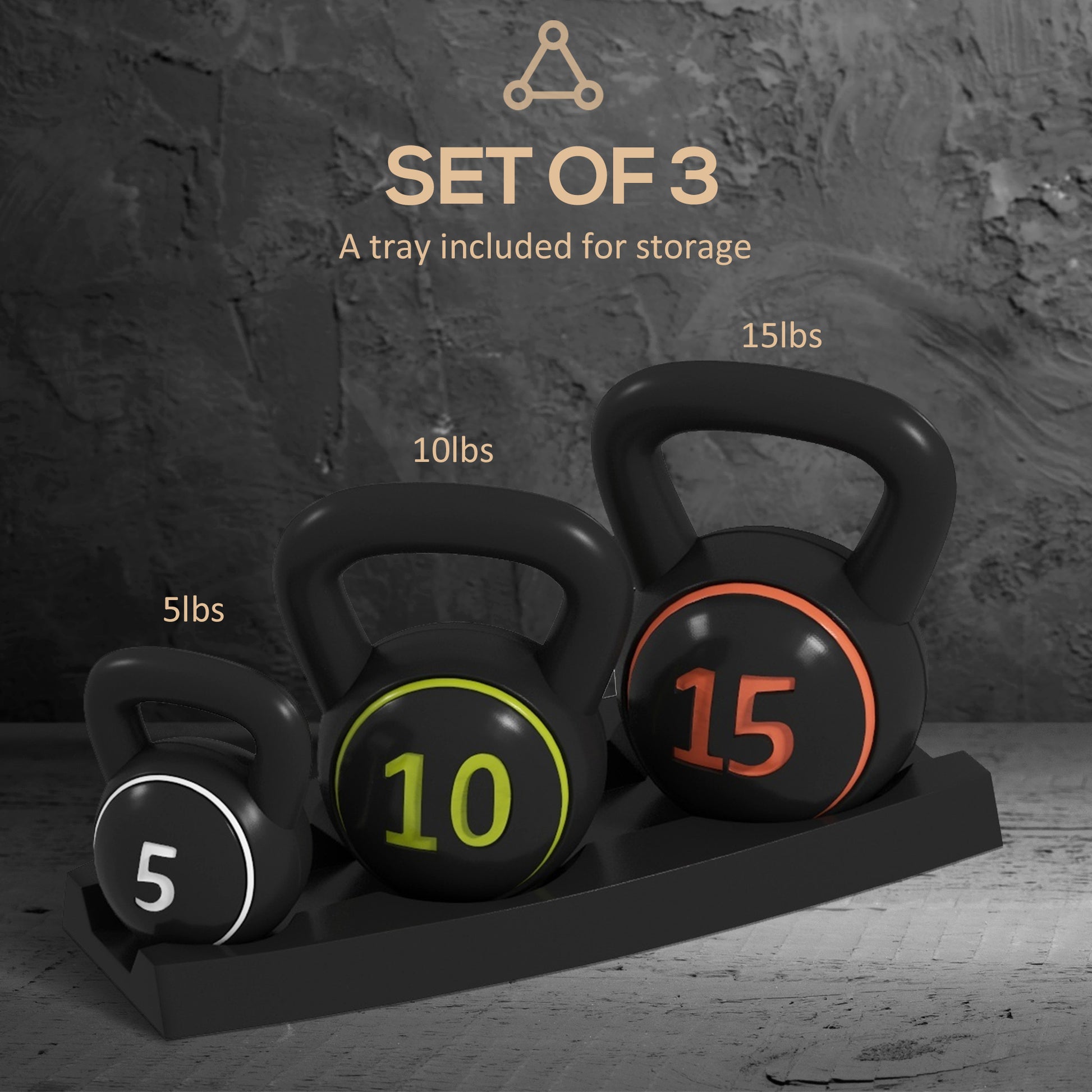 SPORTNOW 3-Piece Kettlebell Weight Set with Storage Tray for Home Workouts - Includes 5lbs, 10lbs, and 15lbs - ALL4U RETAILER LTD