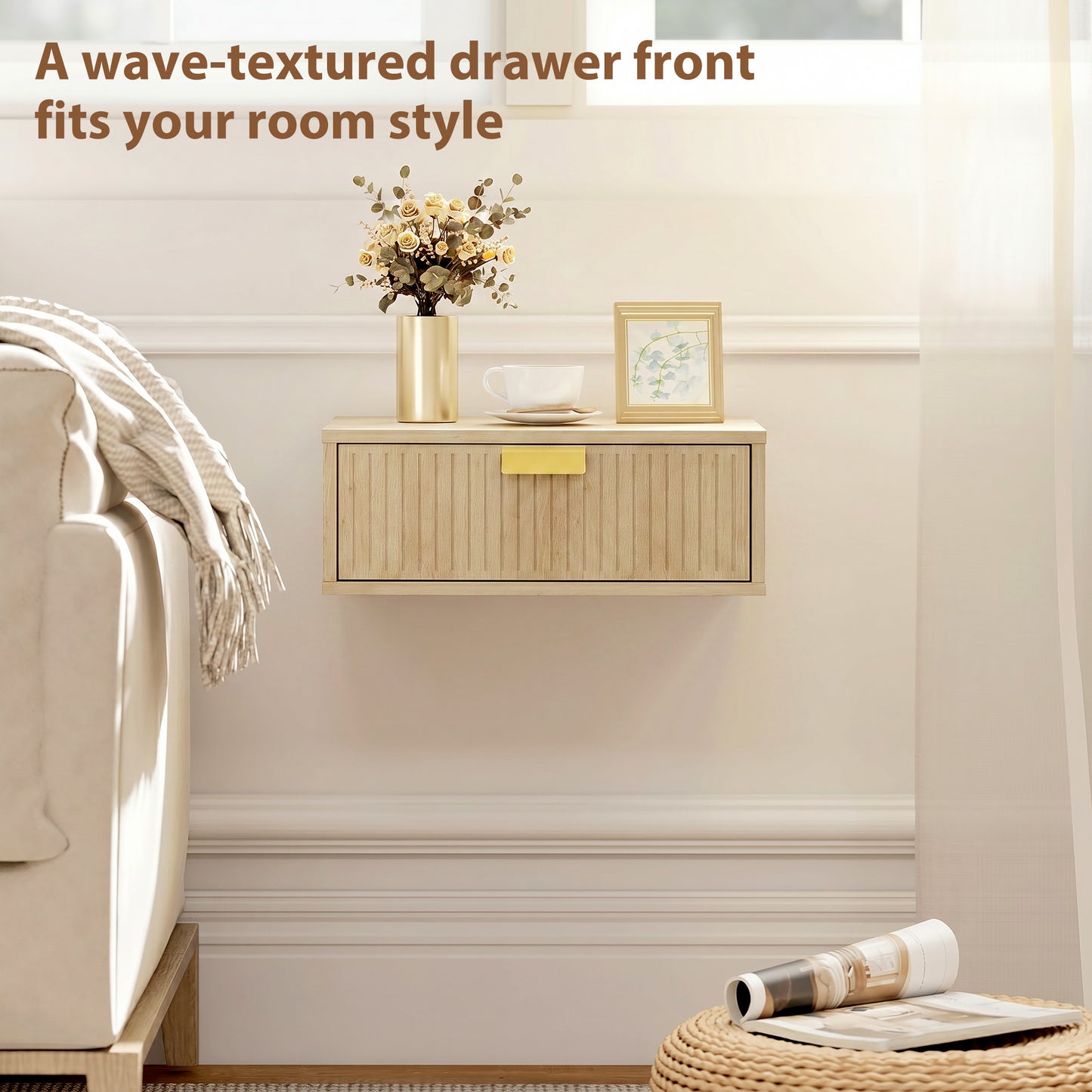 HOMCOM Modern Floating Nightstands Set of 2 Wall Mounted Bedside Tables with Wave Drawer Oak Finish