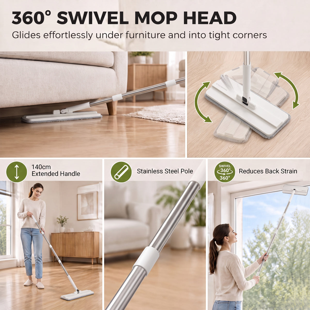 Flat mop with 360° swivel head and extended handle for reaching corners during cleaning.
