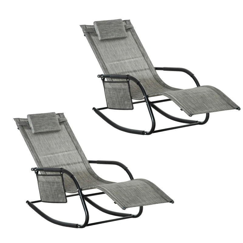Outsunny 2PCs Outdoor Garden Rocking Chair, Patio Sun Lounger with Breathable Mesh Fabric, Removable Headrest Pillow, Armrest, Side Storage Bag - Dark Grey