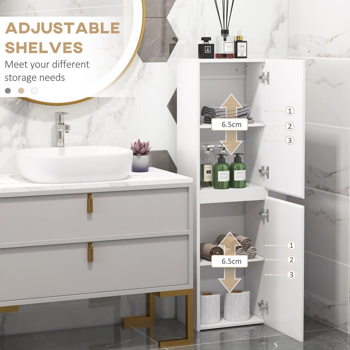 White tall bathroom cabinet showing adjustable interior shelves with multiple levels