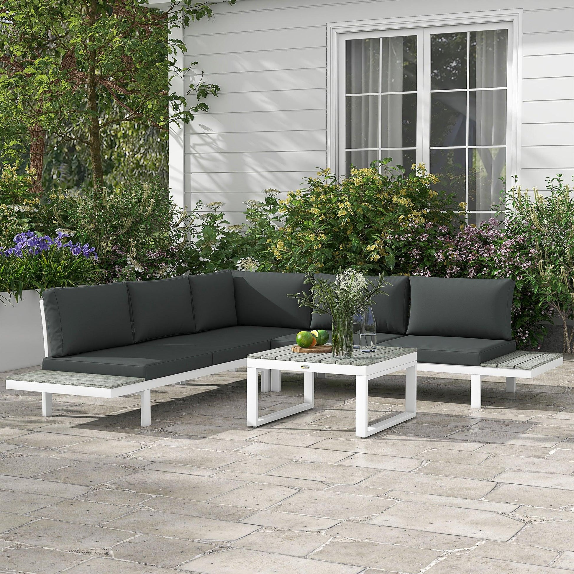 Outsunny 4 Pcs Patio Garden Set w/ 5-Level Recline Corner Sofa, Garden Lounge Sectional Conversation Sofa Set w/ Cushions, Coffee Table, White - ALL4U RETAILER LTD