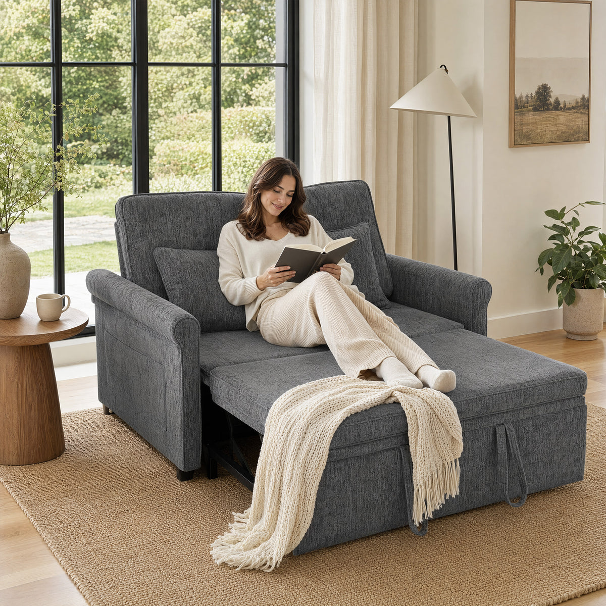 Homcom 2 Seater Sofa Bed Convertible Chenille Sleeper With Wheels Grey