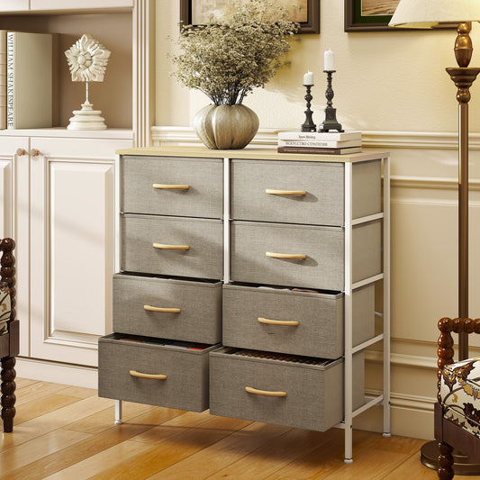 HOMCOM Fabric Chest Of Drawers With 8 Fabric Drawers Steel Frame Maple Wood Top Dresser For Nursery Living Room Hallway