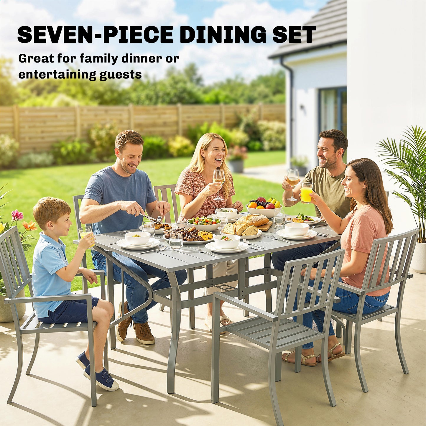 Outsunny 7 Piece Garden Table And Chairs Set With Umbrella Hole 6 Seater Outdoor Dining Set In Light Grey