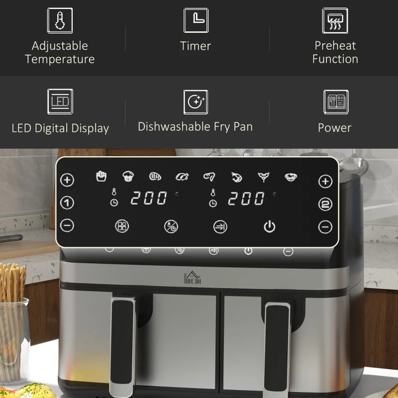 HOMCOM 8.5L Dual Basket Air Fryer with Sync, Multi-Menu Cooking, Digital Display, and Rapid Air Technology - ALL4U RETAILER LTD