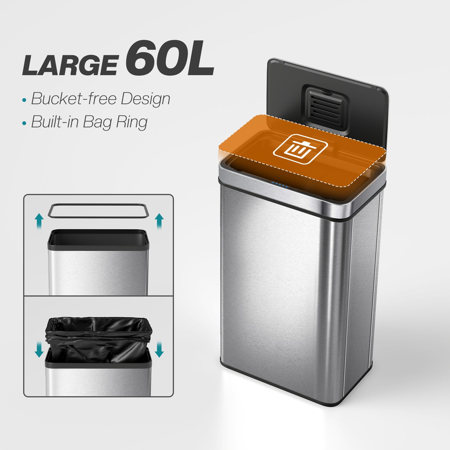 HOMCOM 60 L Sensor Bin With Soft Close Lid Fingerprint Proof Stainless Steel Silver Tone Touchless Trash Can