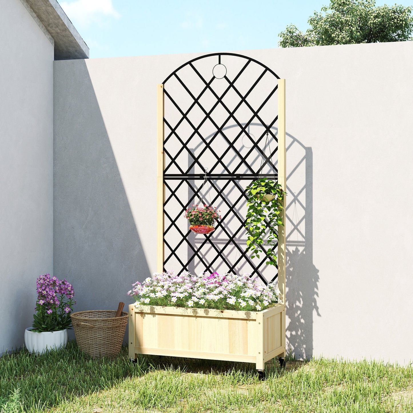 Outsunny Raised Garden Bed With Metal Trellis Wooden Elevated Planter Box On Lockable Wheels Outdoor Natural