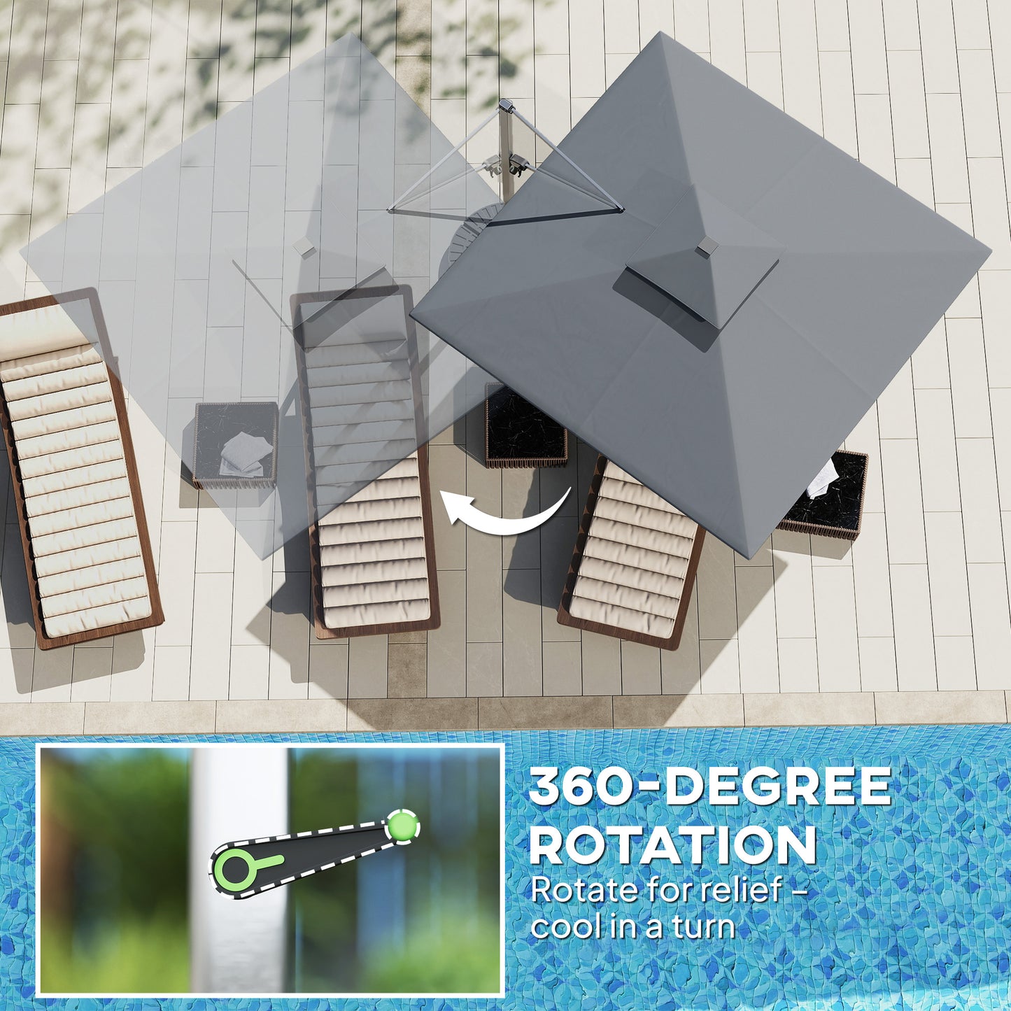 Outsunny 3m Garden Cantilever Parasol With Cross Base And Solar LED Lights 360 Degree Rotation Crank Tilt Grey