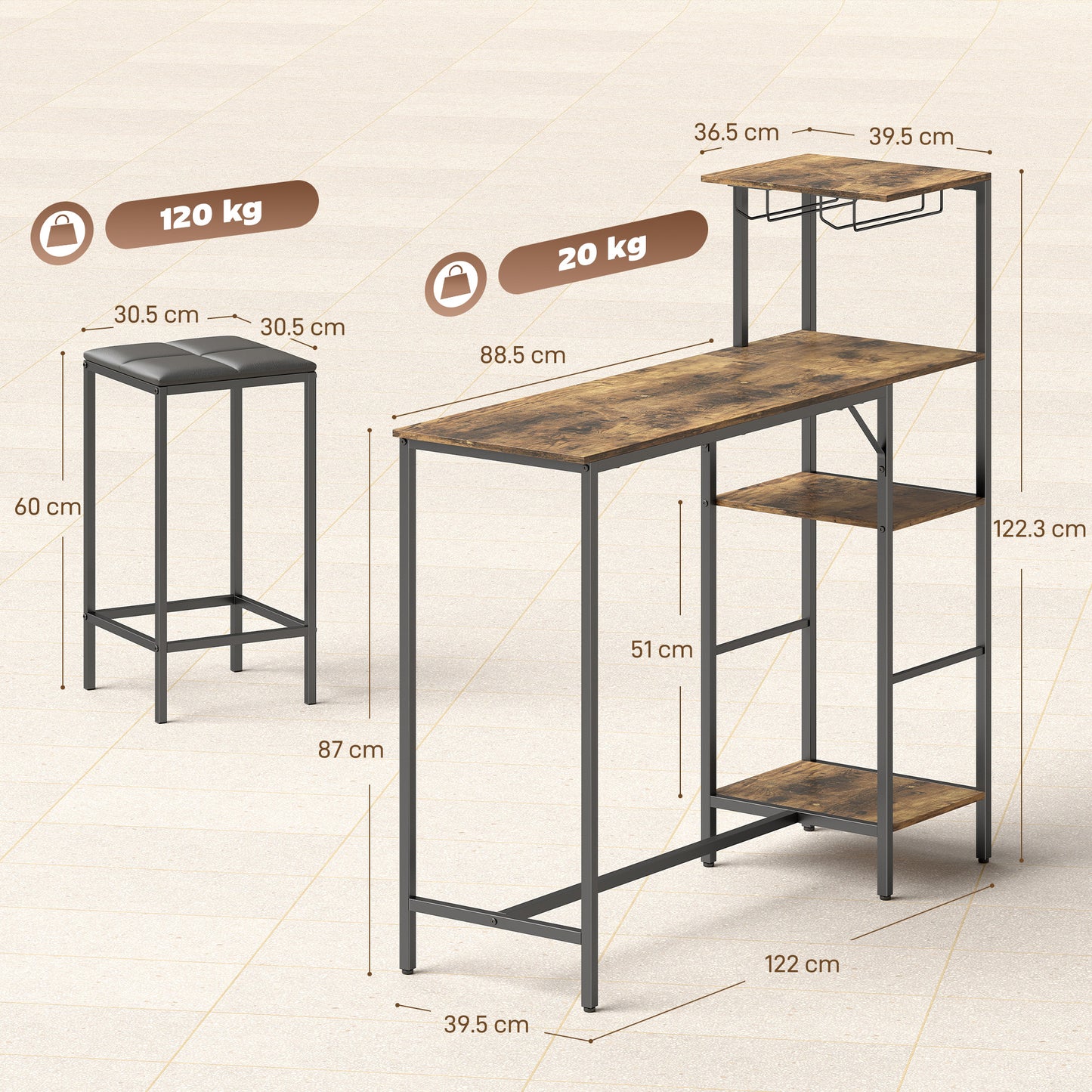 HOMCOM 3 Piece Breakfast Bar Table And Stools Set In Rustic Brown With 4 Tier Shelving And Wine Glass Racks
