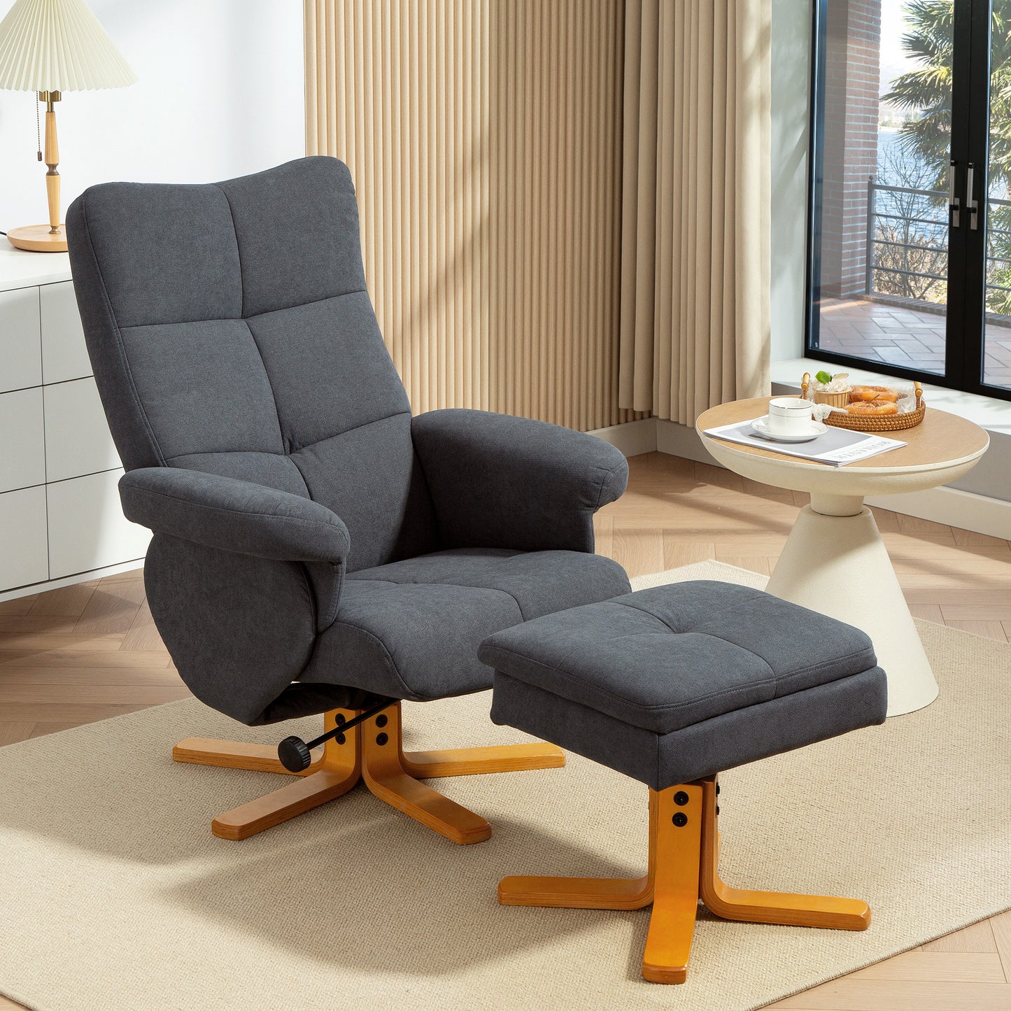 HOMCOM Linen Look Recliner With Hidden Storage Ottoman In Grey 145 Degree Recline And Wooden Base