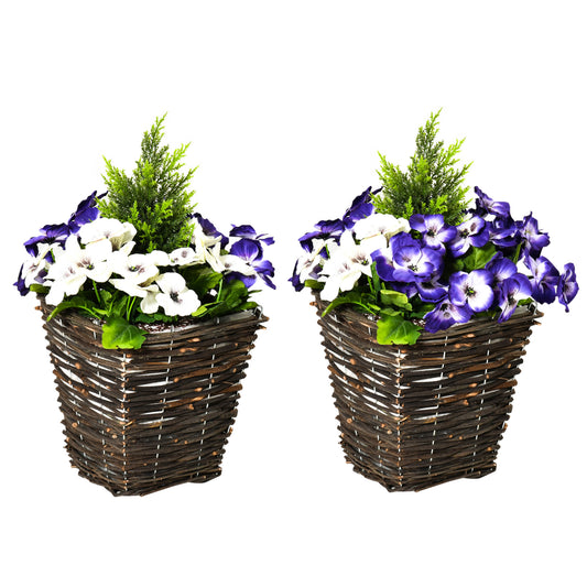 HOMCOM Set of 2 Phalaenopsis Artificial Plants with Wicker Pots - White & Purple Decorative Flowers, 45cm - ALL4U RETAILER LTD