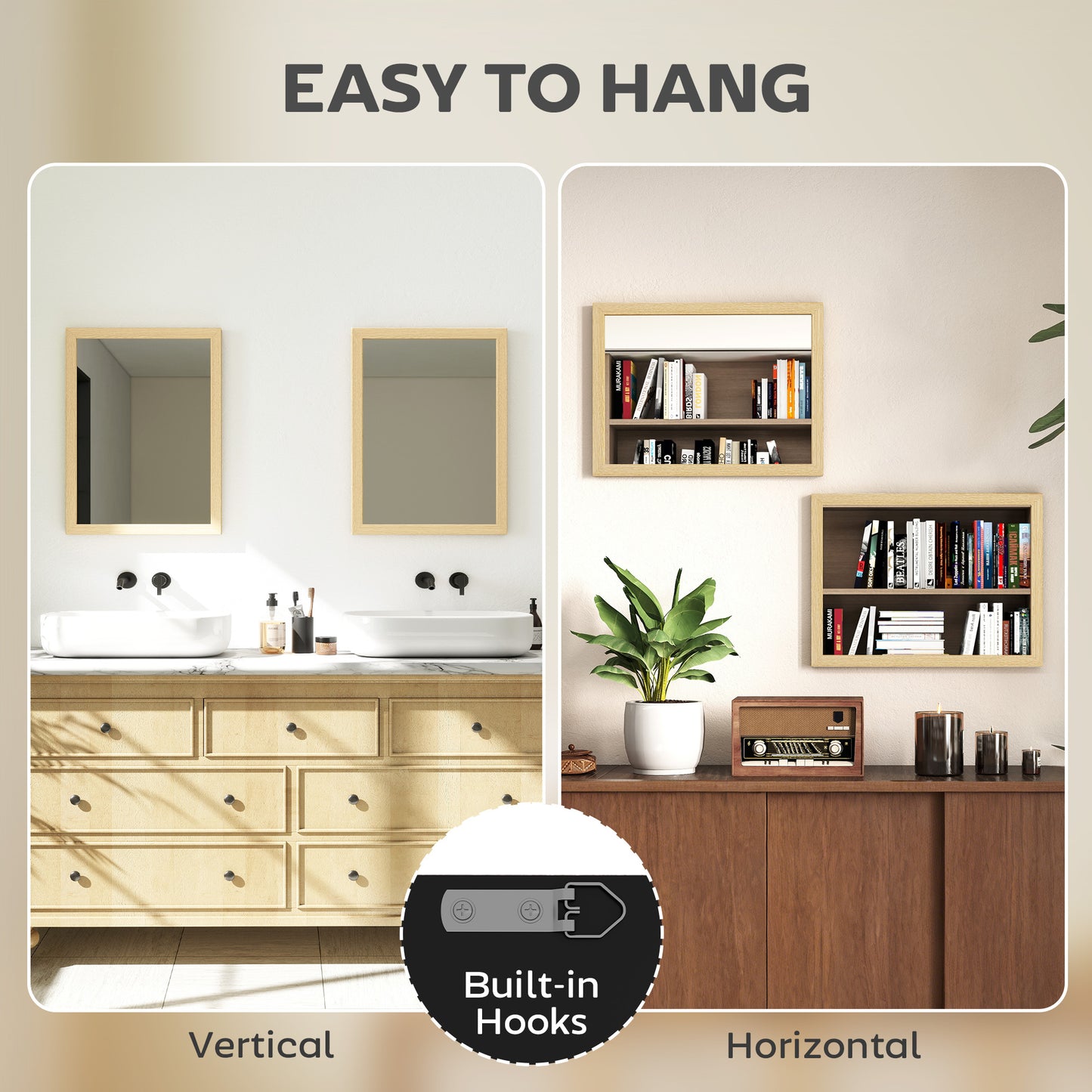 HOMCOM Wall Mounted Mirror Set Of 2 30 x 40 cm Rectangular Mirrors For Bathroom Living Room Bedroom Hallway Natural