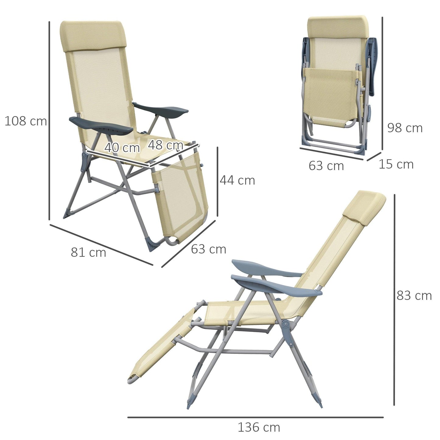 Outsunny Outdoor Sun Lounger Set of 2, Reclining Garden Chairs w/ Adjustable Footrest, 2 pcs Recliner w/ 5-level Adjustable Backrest, Headrest, Beige - ALL4U RETAILER LTD