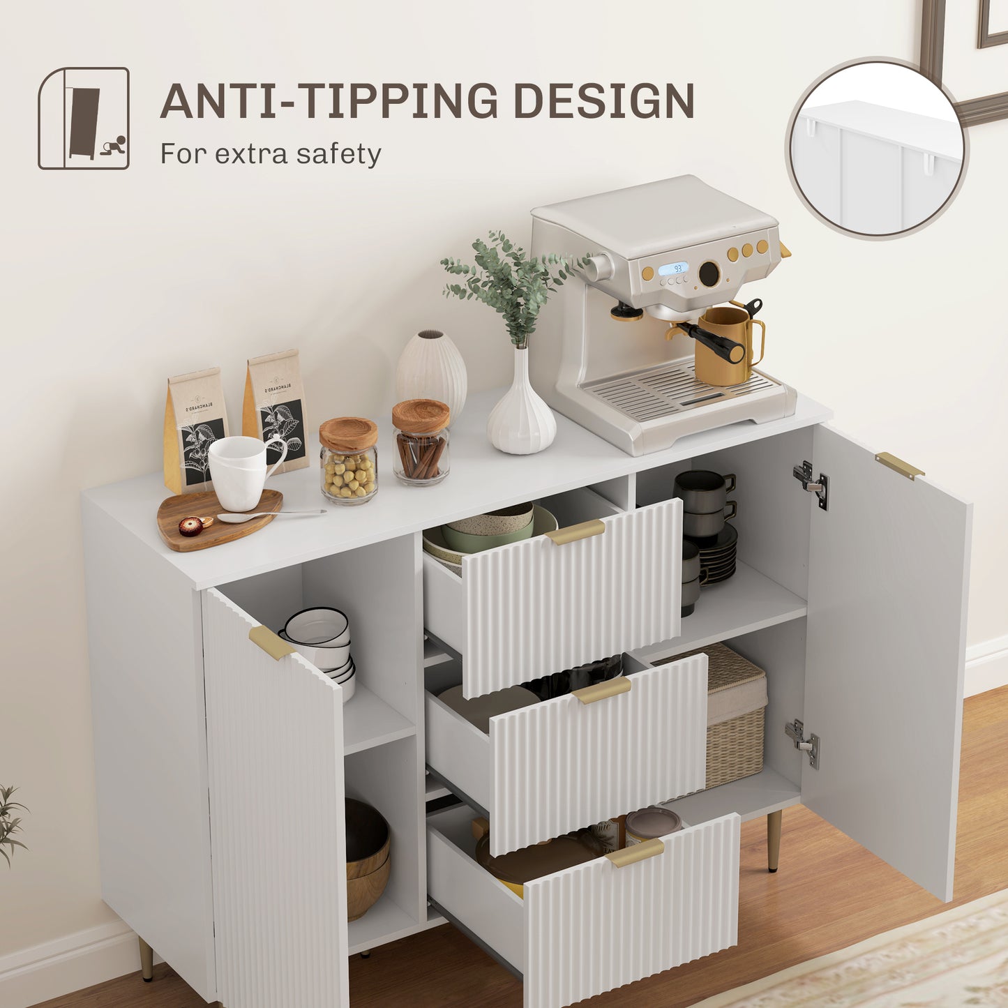 HOMCOM Two Door Sideboard With 3 Drawers And Adjustable Shelves White For Living Room And Kitchen Storage