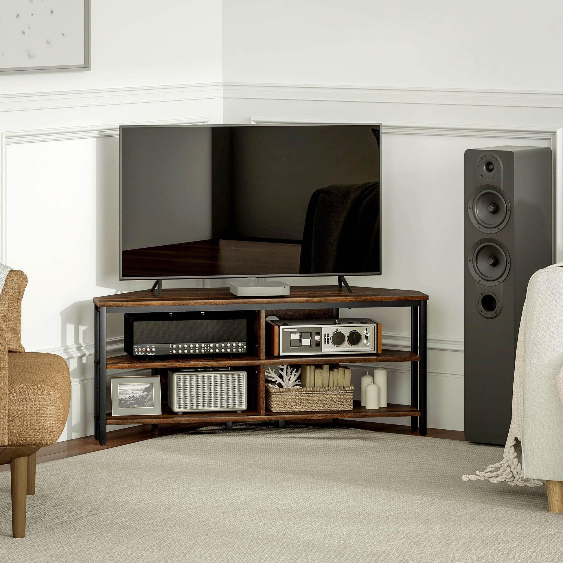 HOMCOM Rustic Industrial Corner TV Stand - Black and Brown - ALL4U RETAILER LTD