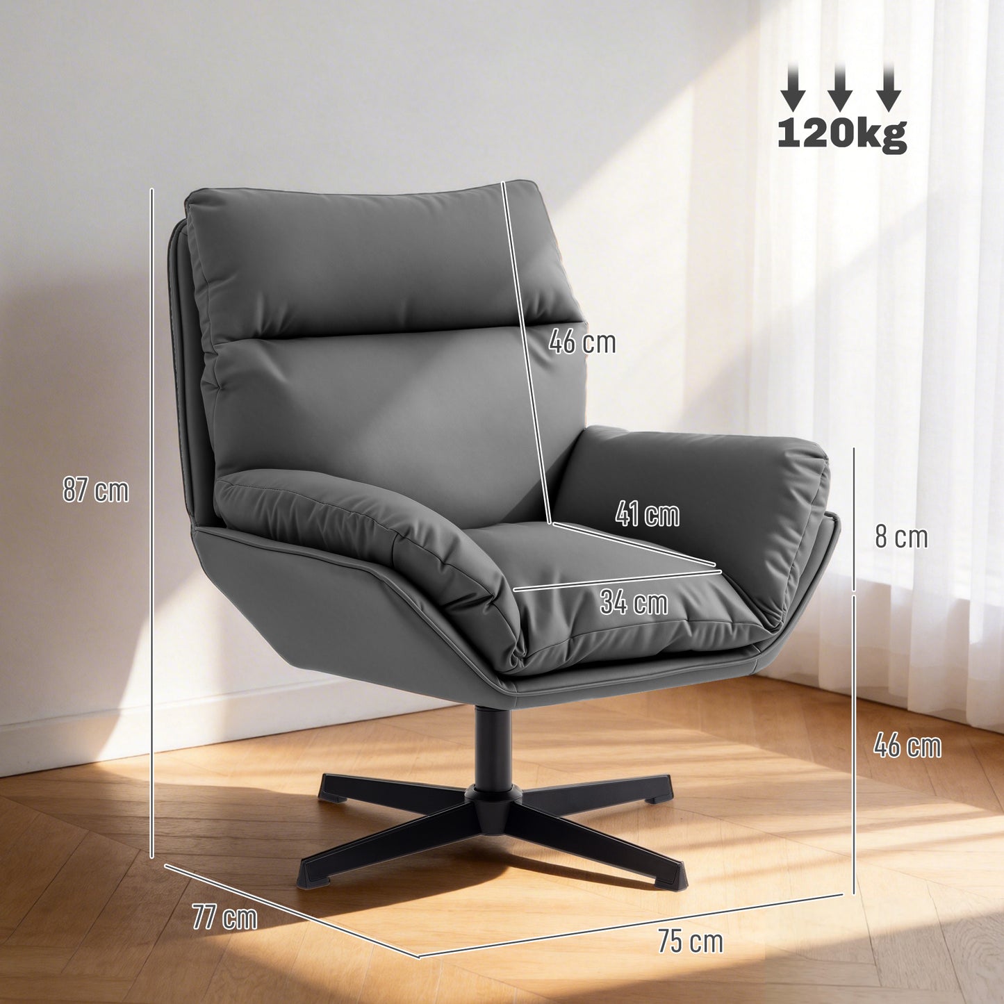HOMCOM Accent Chair With 360 Degree Swivel Armchair For Living Room Dark Grey Cat Scratch Resistant Fabric