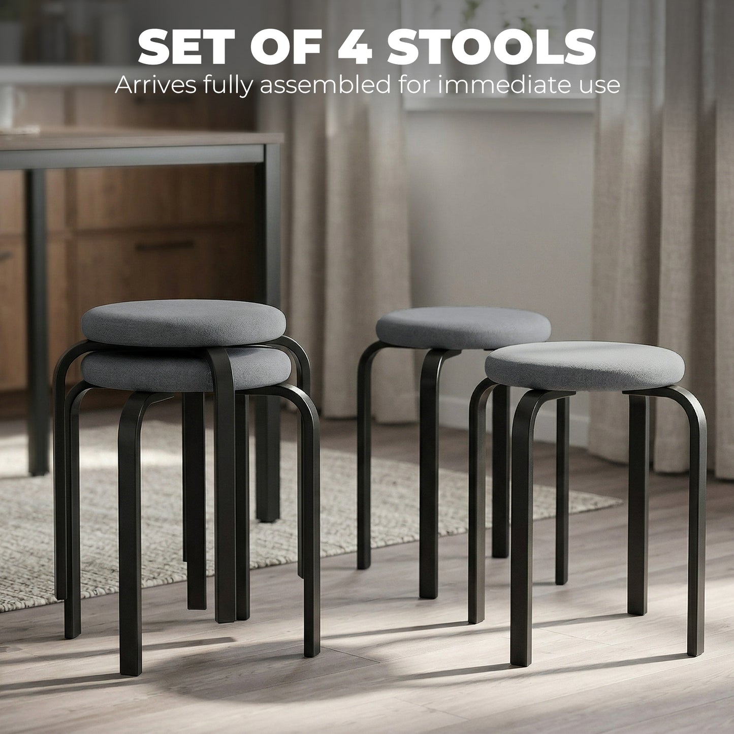 HOMCOM Stackable Cushioned Round Backless Stools Set of 4 for Kitchen Dining Room in Dark Grey