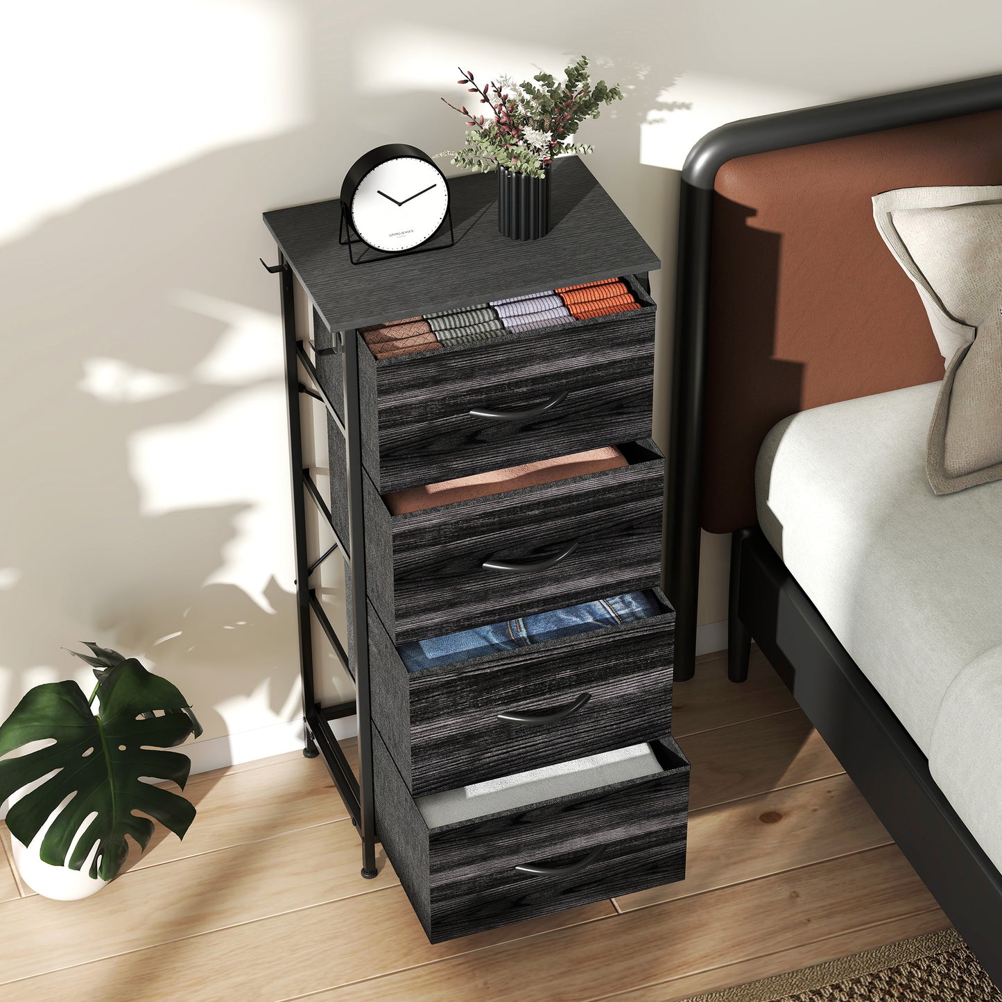 HOMCOM Four Fabric Drawer Chest With Steel Frame Four Side Pockets And Two Hooks Black