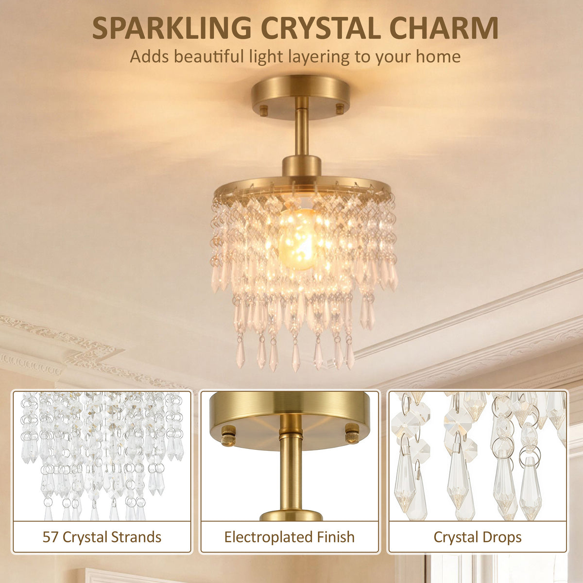 HOMCOM Crystal Ceiling Light With 57 Crystal Strands For Small Rooms