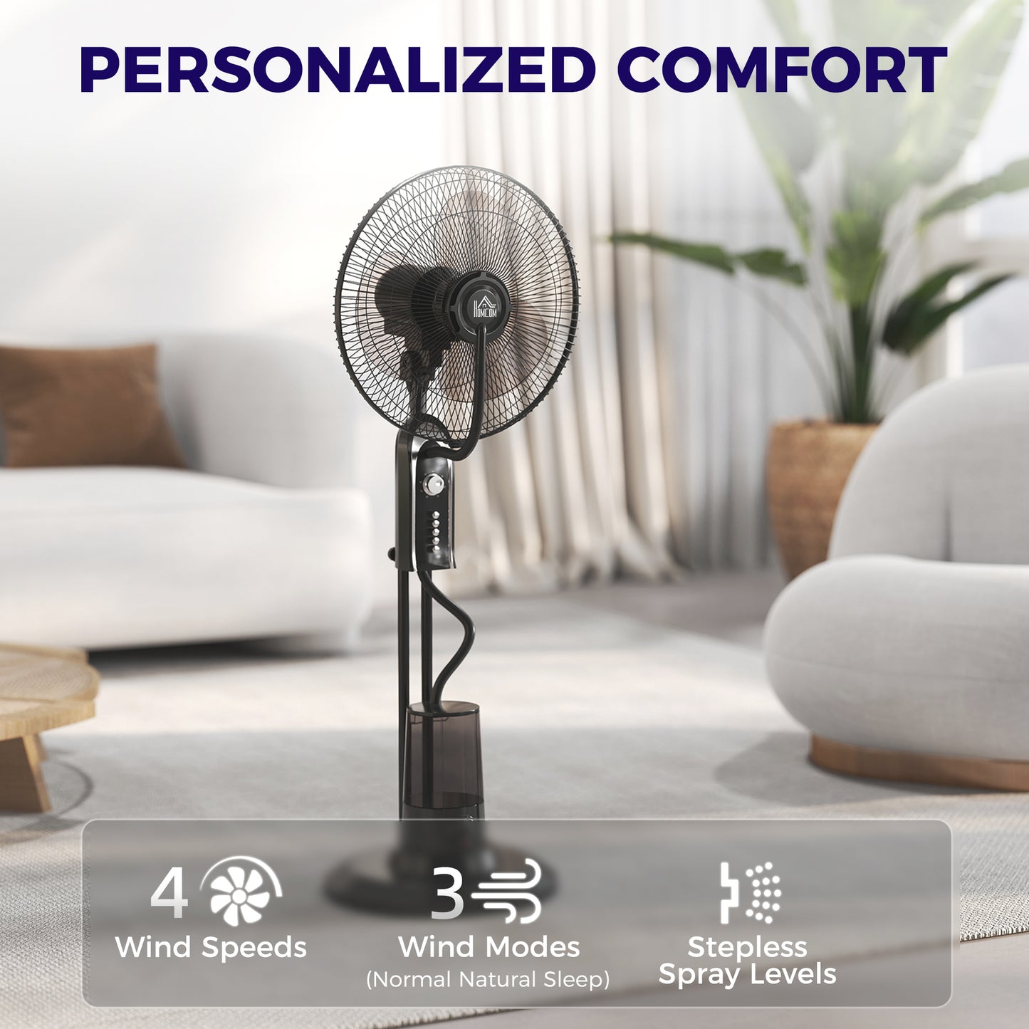 HOMCOM Pedestal Fan With Water Mist Spray 3 Speed Oscillating Misting Fan 70 Degree Tilt Head 3.2L Tank Home Use 120 cm