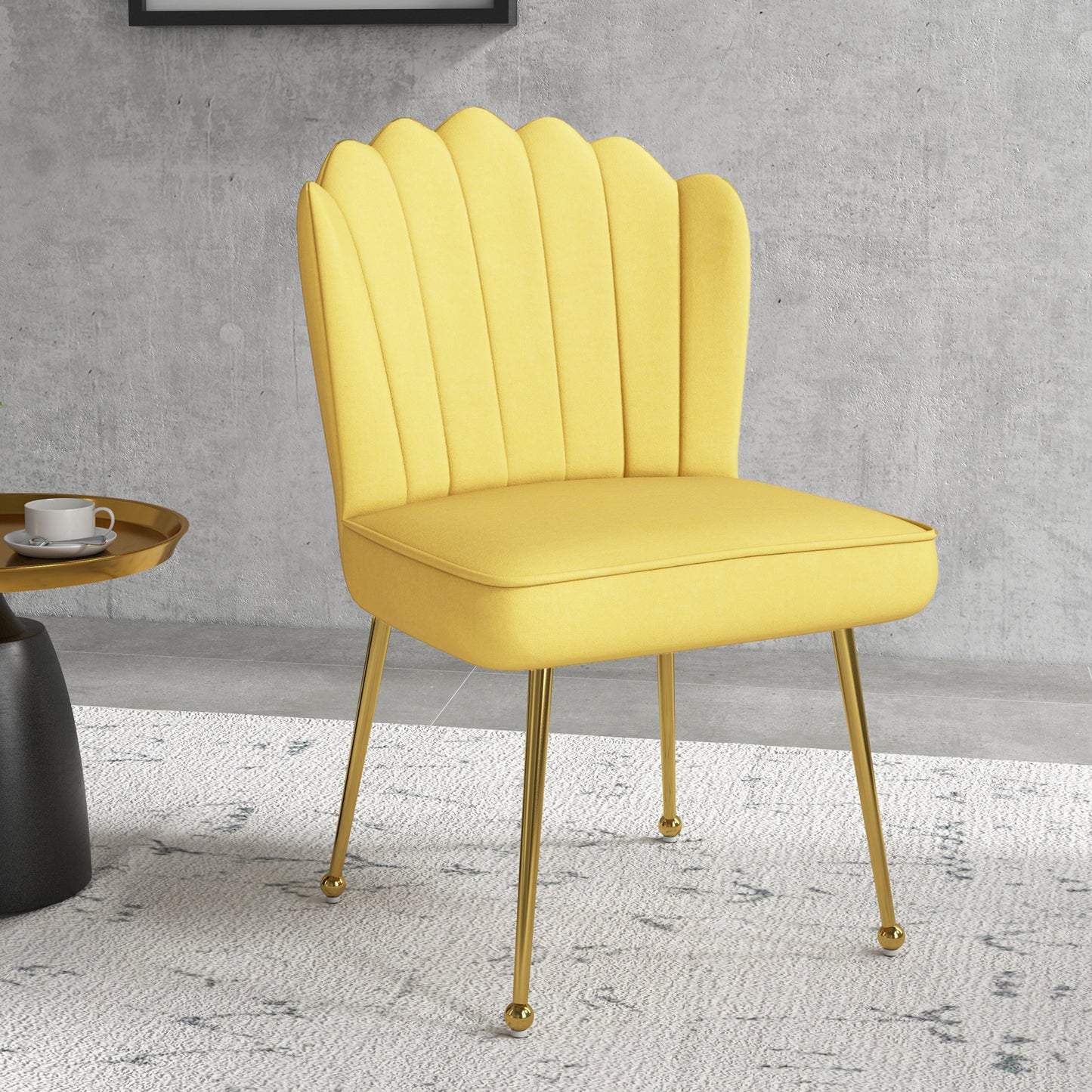 Set Of 2 Velvet-Feel Shell Accent Chairs In Yellow With Gold-Tone Legs For Living Room Decor