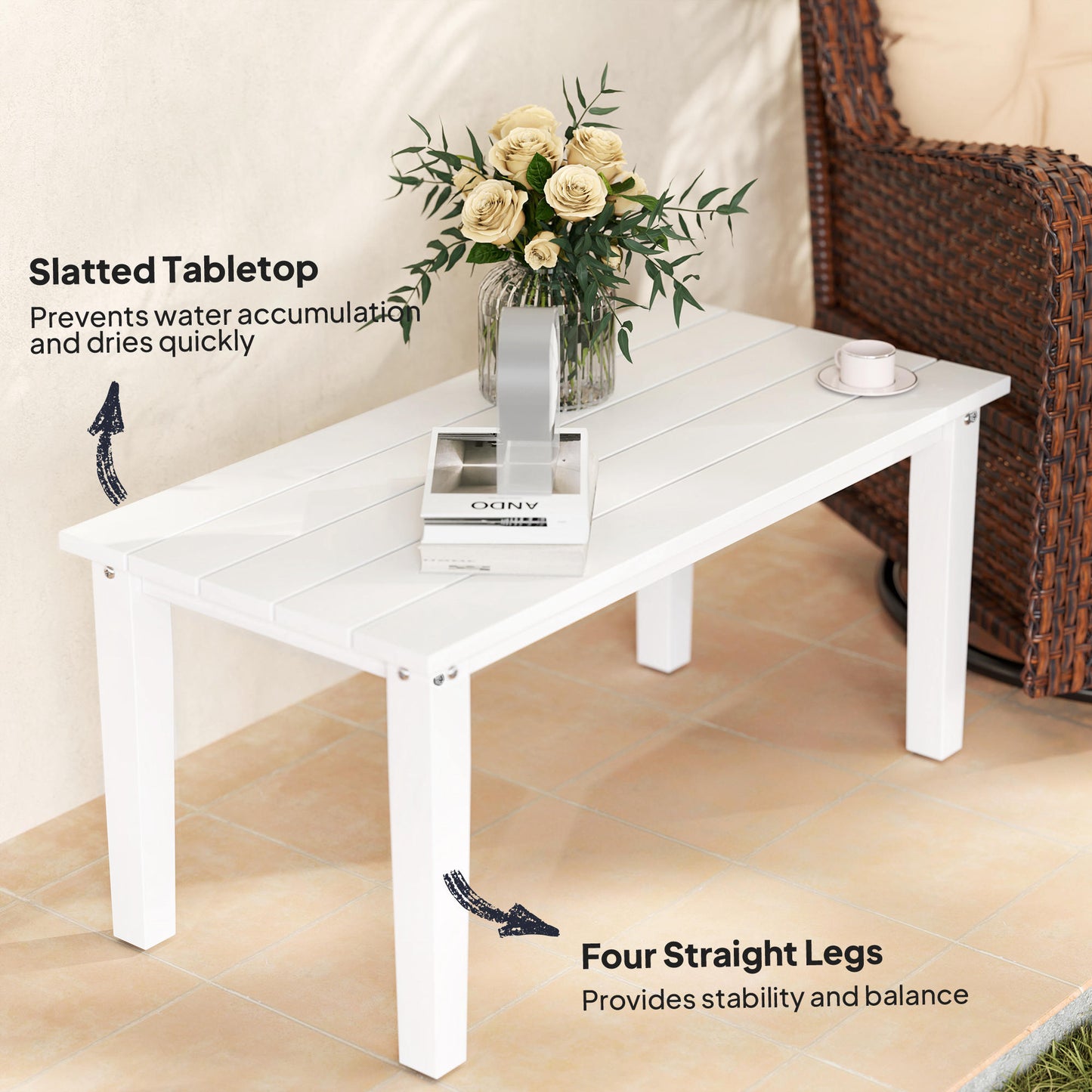 Outsunny Outdoor Garden Coffee Table HDPE All Weather Rectangular Slatted Top for Patio Balcony 91 x 44 x 42 cm White