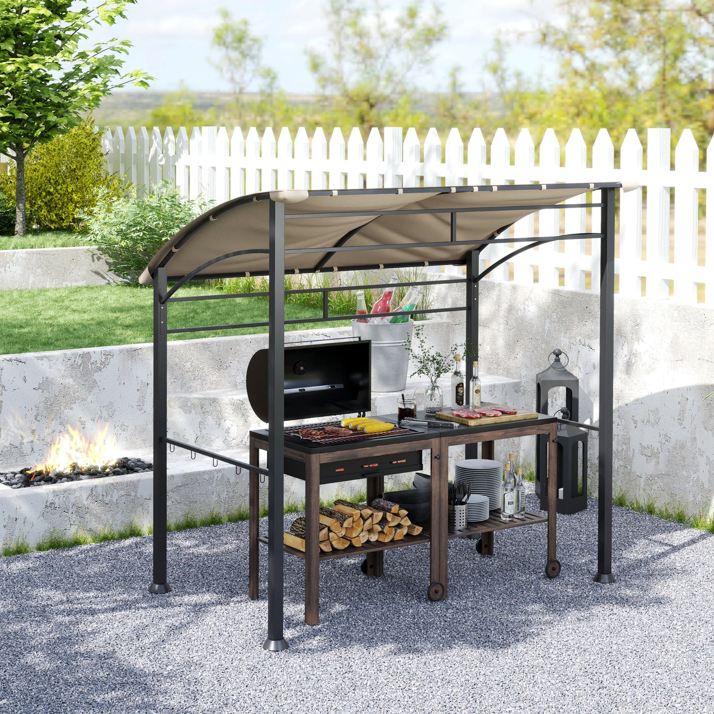 Outsunny 2.2m X 1.5m BBQ Gazebo Tent With Metal Frame Curved Canopy And 10 Hooks Outdoor Shade Khaki