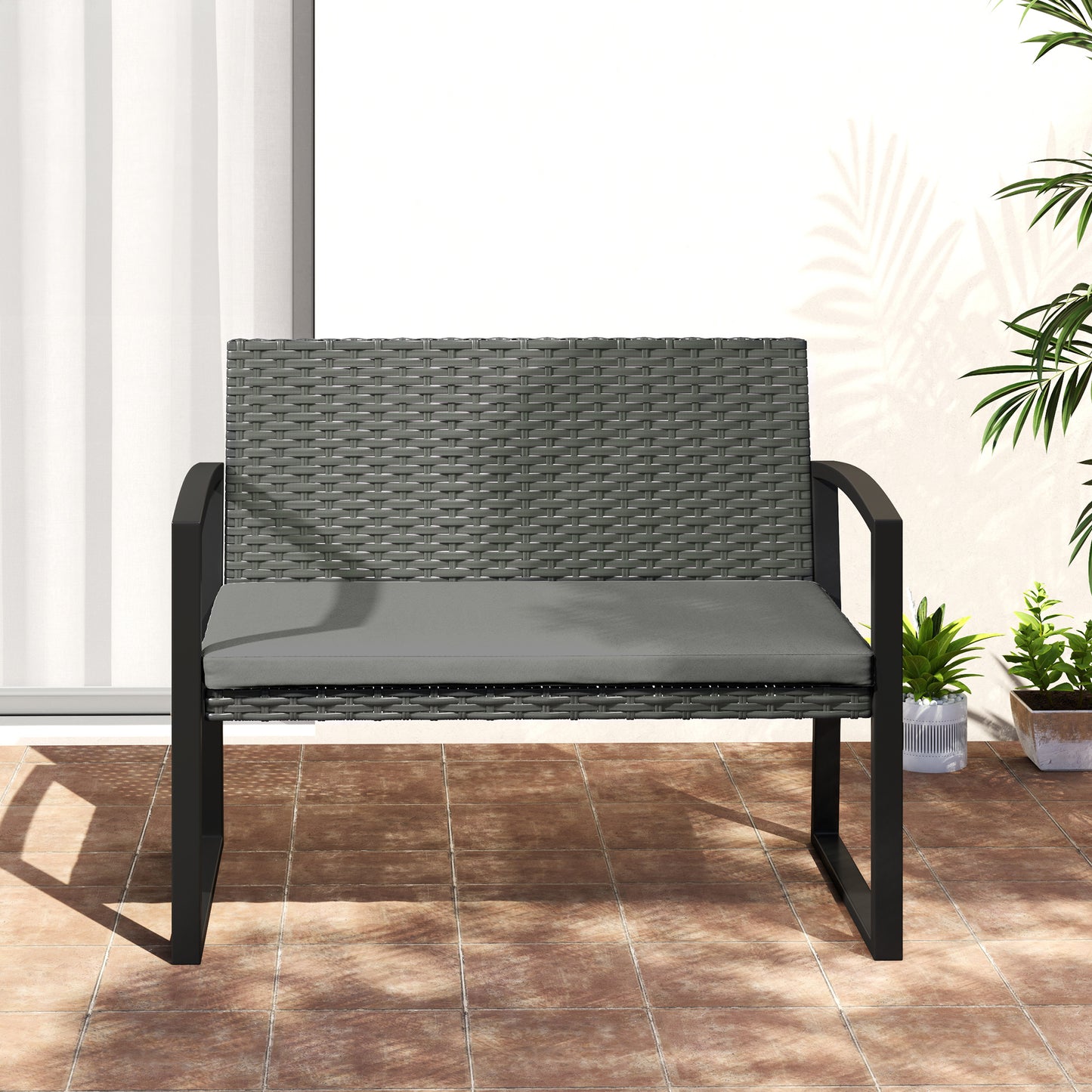 Outsunny Two Seater Rattan Garden Bench with Cushioned Seat and Light Grey Finish