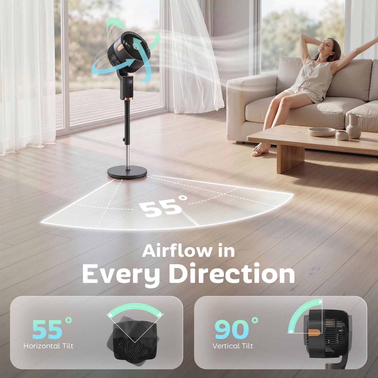 HOMCOM 20 dB Silent Standing Fan For Bedroom 44 Inch Pedestal With 90 Degree Oscillation 8 Speeds Led Light Black