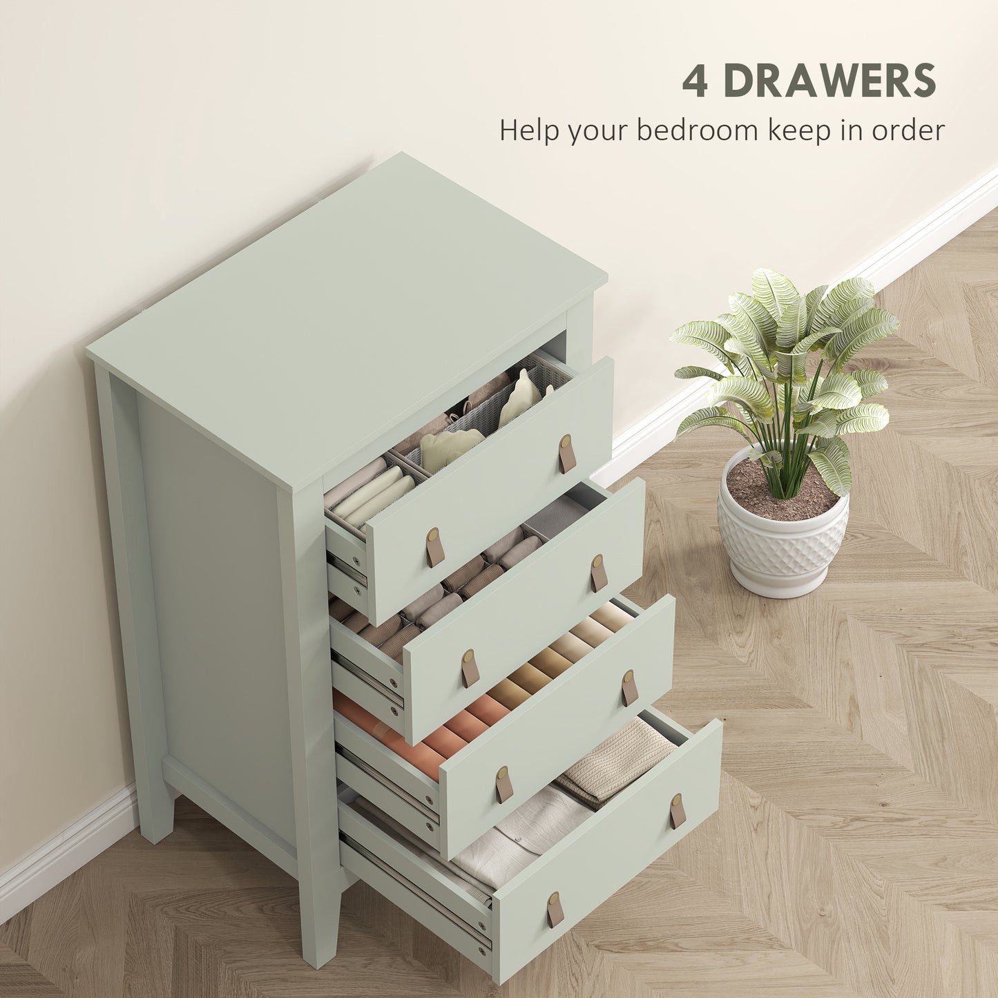 HOMCOM Modern 4 Drawer Dresser Cabinet For Living Room With PU Leather Handles And Metal Runners 60 X 40 X 98 Cm Green