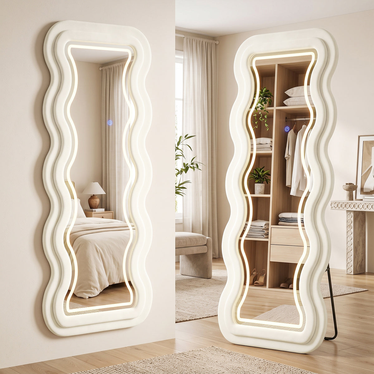 HOMCOM Full Length Mirror With Wavy Velvet Frame Led Light Strip Cream White