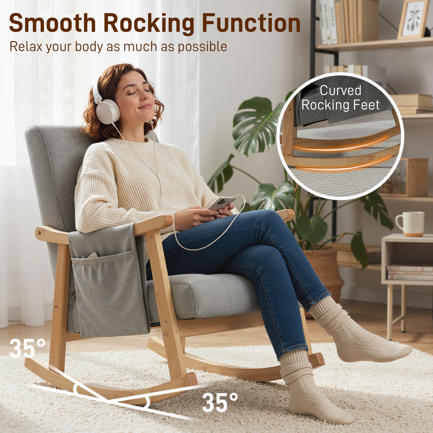HOMCOM Wood Frame Rocking Accent Chair in Light Grey with Padded Seat and Back and Armrest