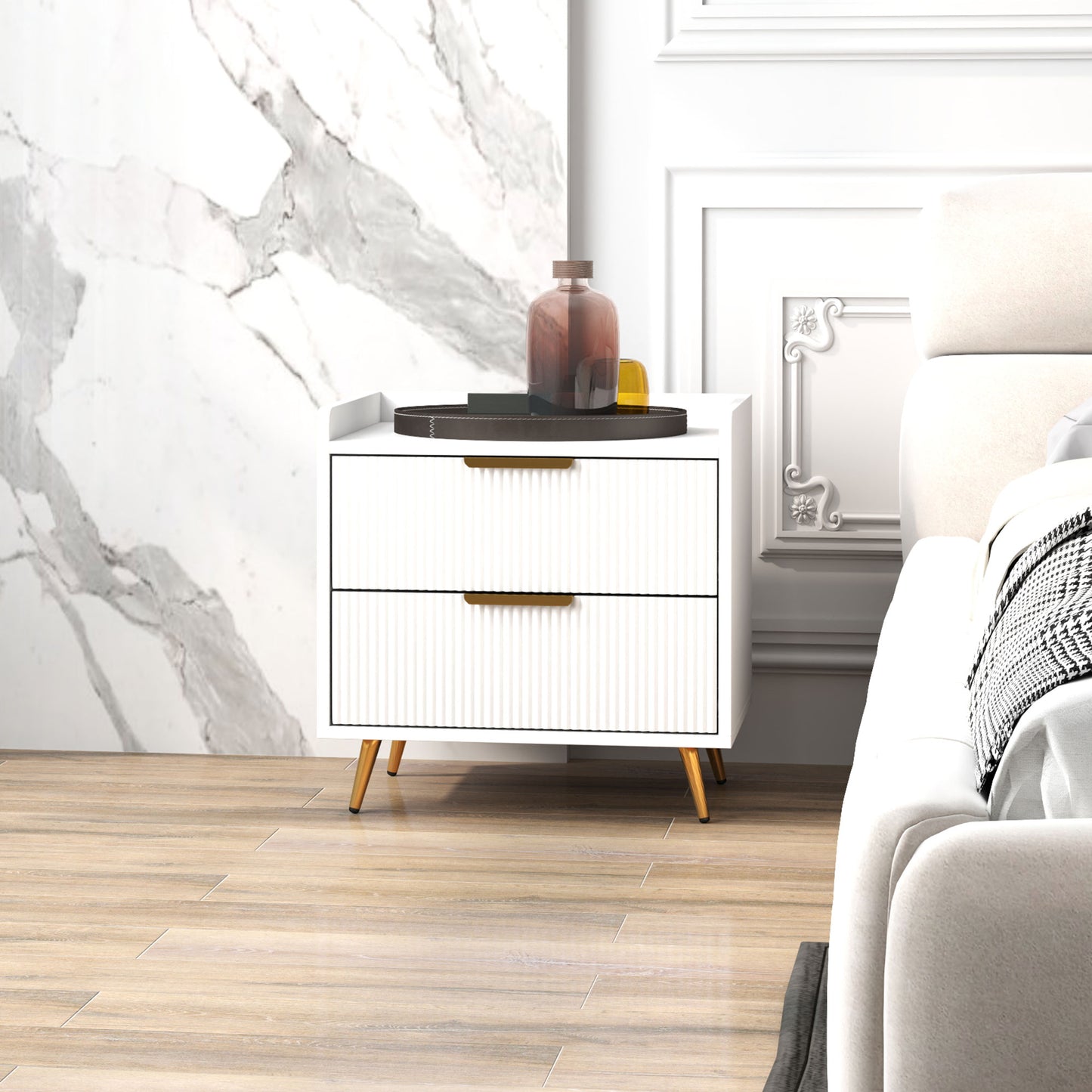 HOMCOM Elegant Two Drawer Bedside Tables Set Of 2 White With Ridged Fronts And Gold Tone Handles