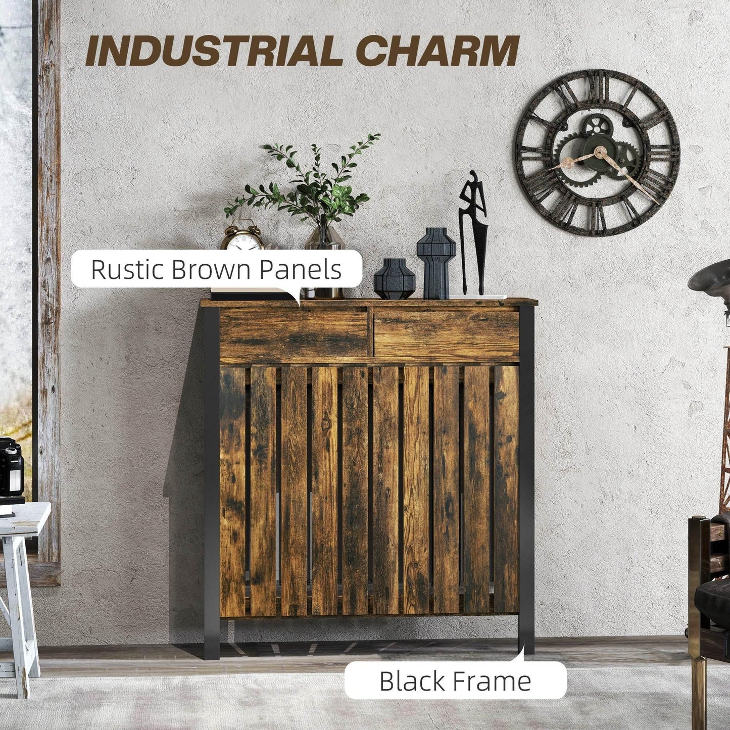 HOMCOM Industrial-Style Wooden Radiator Cover with Drawer - Rustic Brown and Black - ALL4U RETAILER LTD