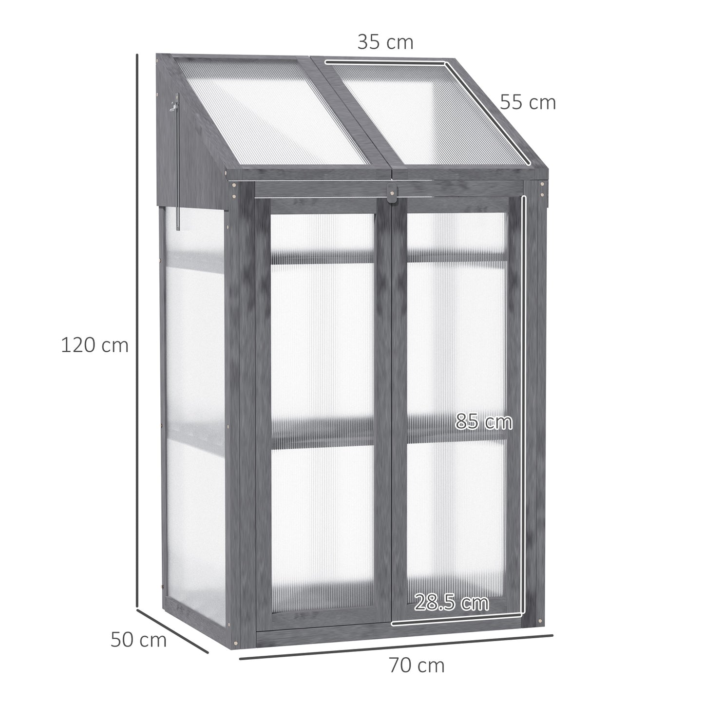 Outsunny 3-Tier Wooden Greenhouse with Openable Lid and Polycarbonate Glazing, 70 x 50 x 120 cm, Grey - ALL4U RETAILER LTD