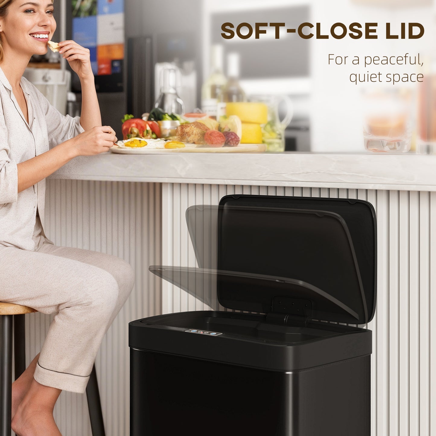 HOMCOM 45L Kitchen Sensor Bin Black Touchless Motion Sensor Lid Auto Open And Quiet Close With Removable Inner Bucket