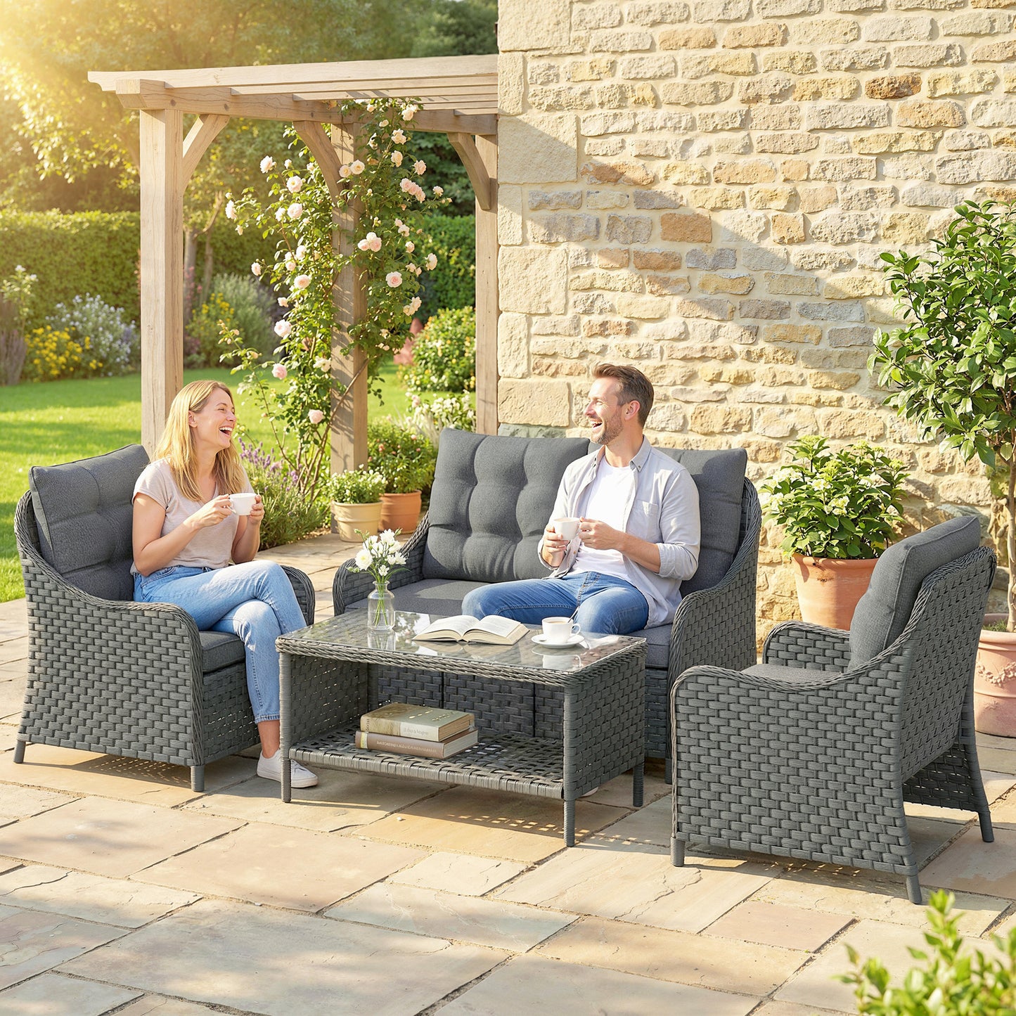 Outsunny Four Piece Wicker Patio Furniture Set With Two Armchairs Loveseat And Glass Coffee Table In Dark Grey