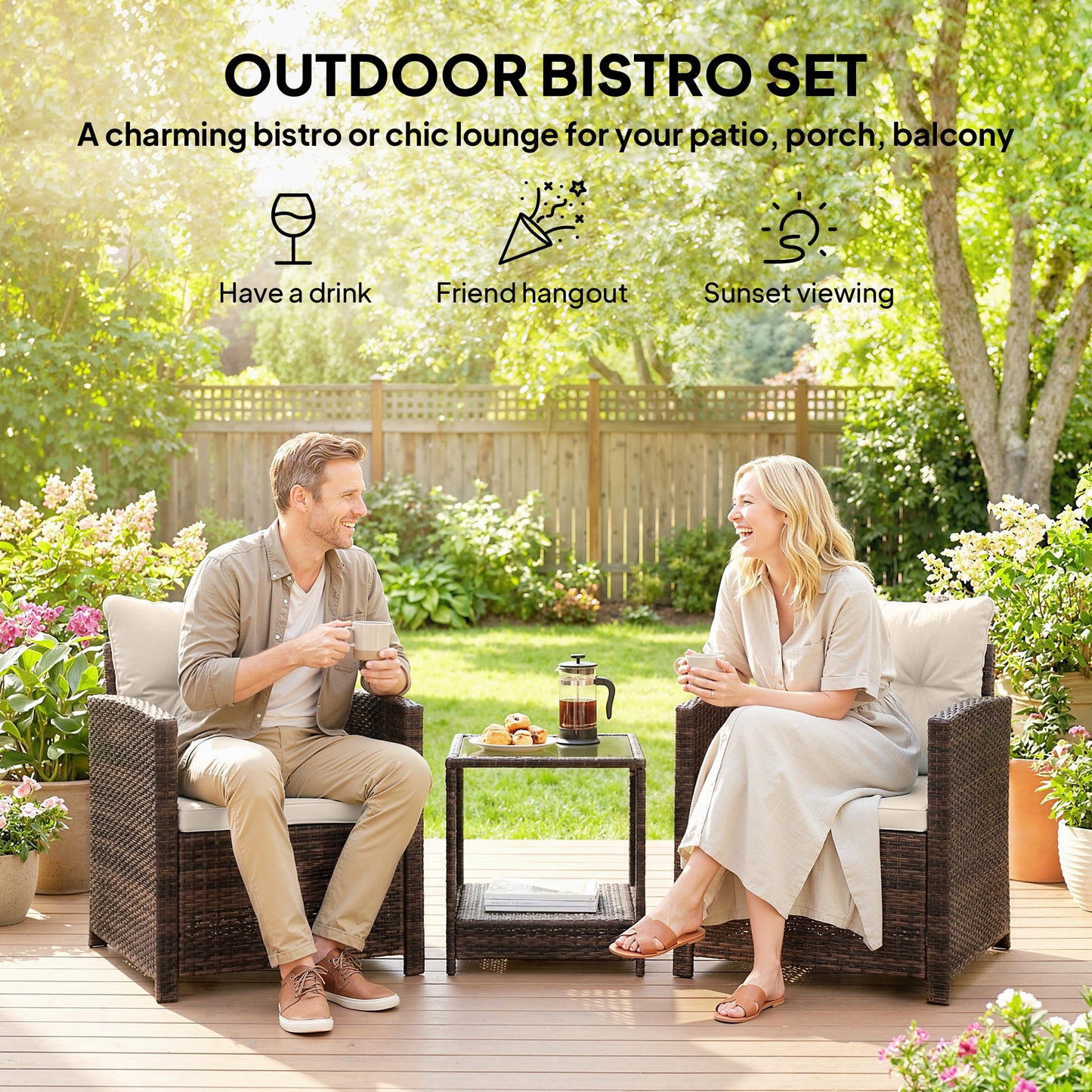 Outsunny Rattan Bistro Set 3 Piece Garden Furniture With Glass Top Table And Cushions Mixed Brown