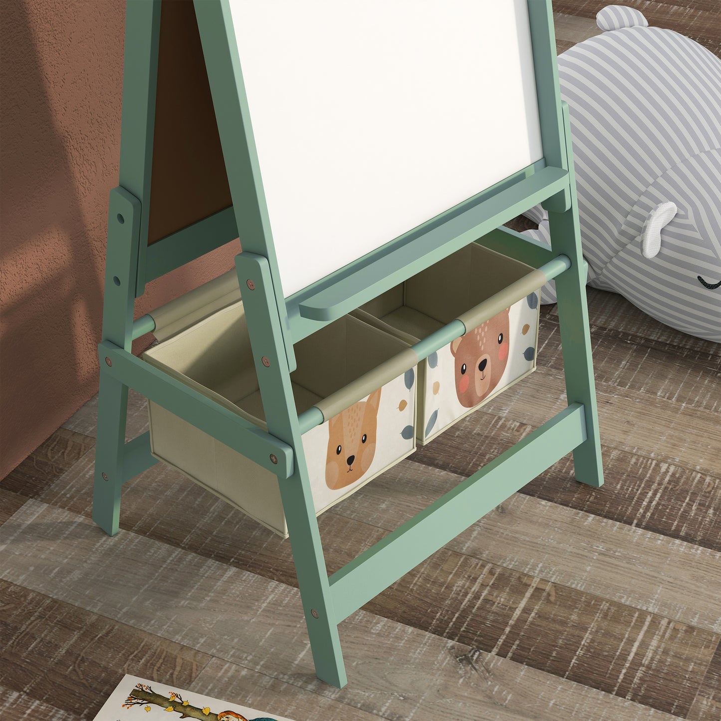 AIYAPLAY Three In One Kids Easel With Paper Roll Blackboard And Whiteboard Storage Green