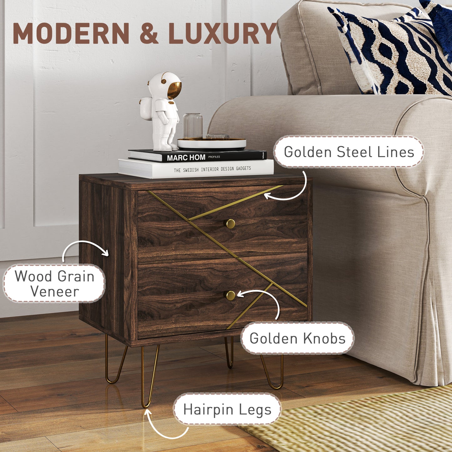 HOMCOM Bedside Tables Set of 2 With 2 Drawers and Gold Hairpin Legs Wood Grain Nightstands