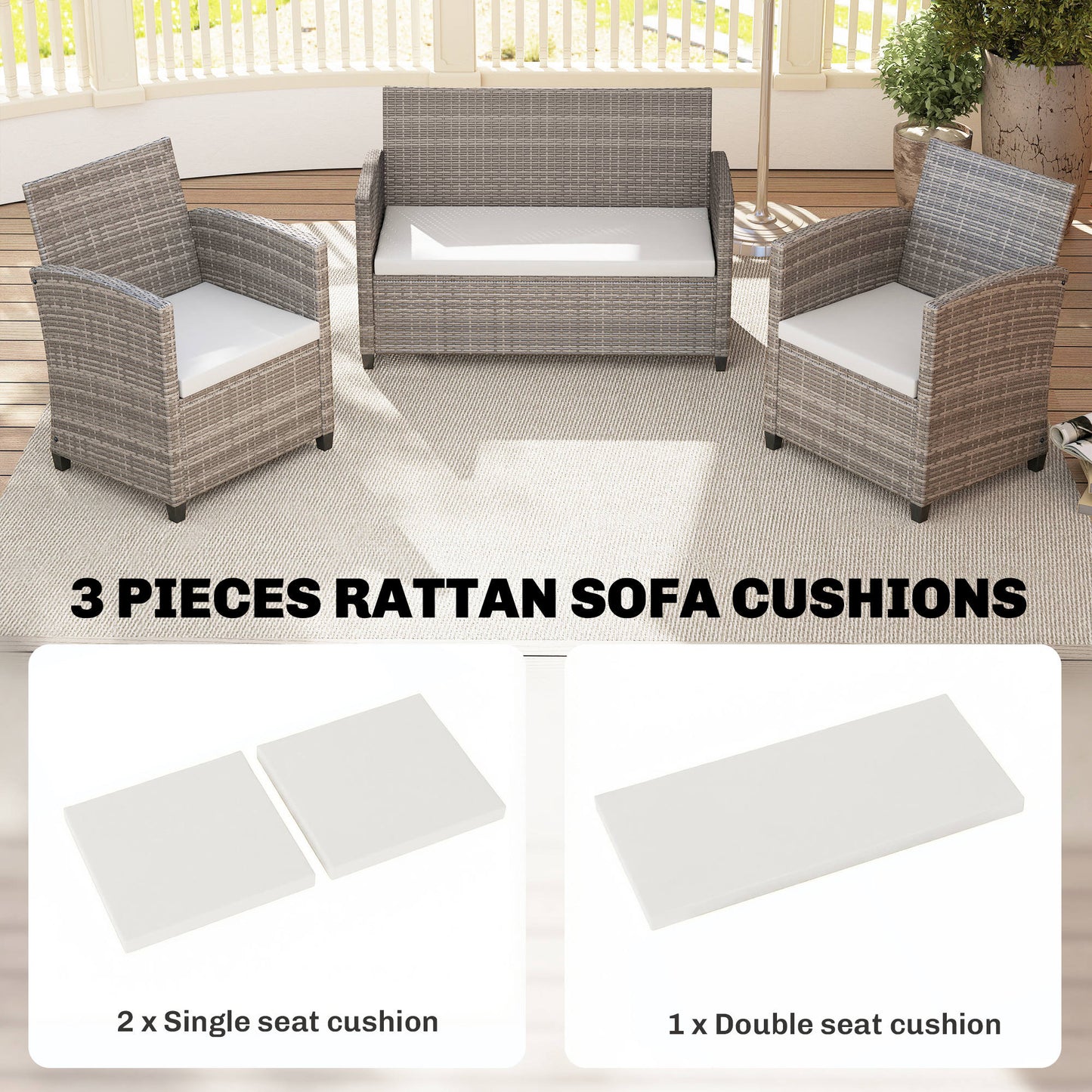 Outsunny Outdoor Seat Cushions For Rattan Furniture 3 Piece Cream White Set With Two Single And One Double Cushions