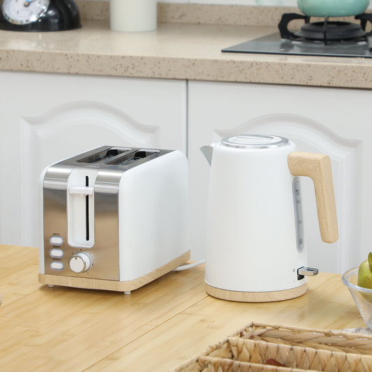 HOMCOM White Kettle and Toaster Set 1.7L 3000W 2 Slice Toaster with 7 Level Browning Defrost Reheat Auto Off