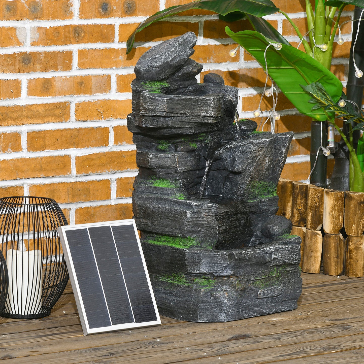 Outsunny Garden Water Feature With LED Lights Solar Powered Four Tier Waterfall Dark Grey Stone Moss Accent