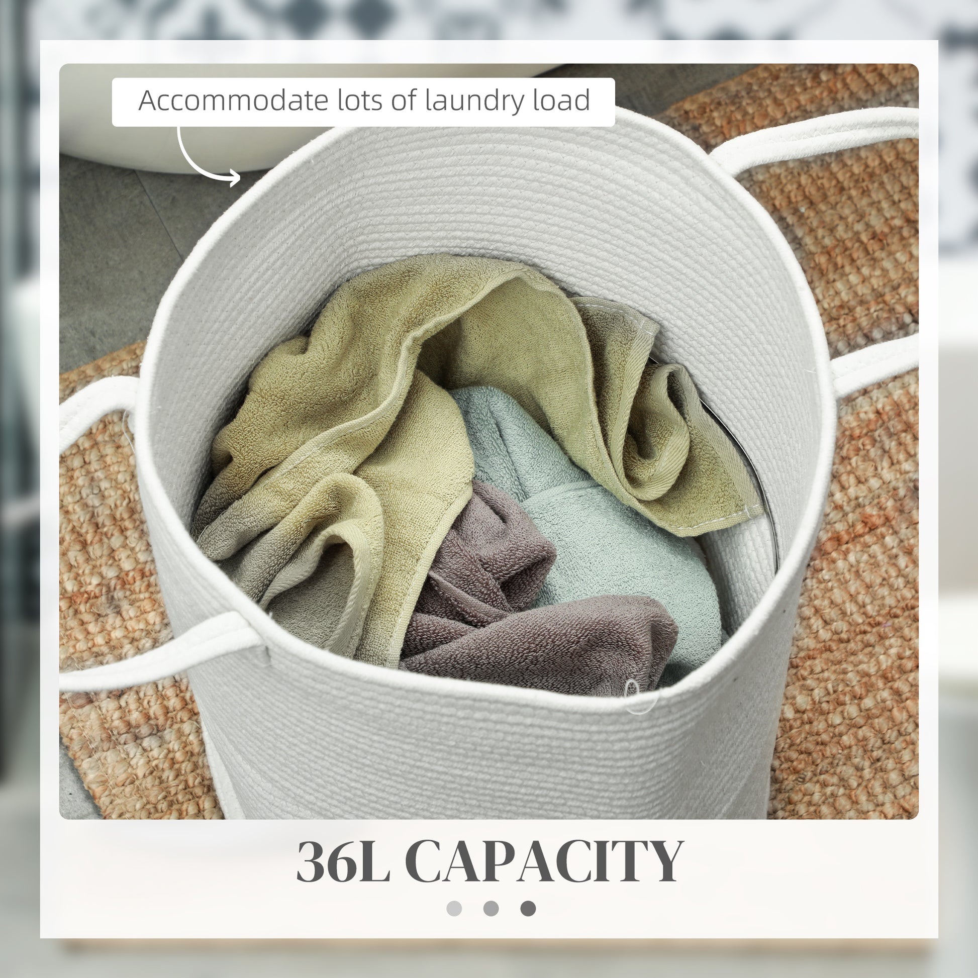 HOMCOM 36L Soft Cotton Rope Laundry Basket with Dual Handles - Cream White - ALL4U RETAILER LTD