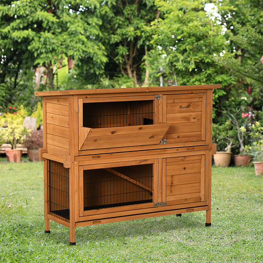 PawHut Outdoor 2-Tier Wooden Rabbit Hutch with Ramp and Removable Trays - Orange - ALL4U RETAILER LTD